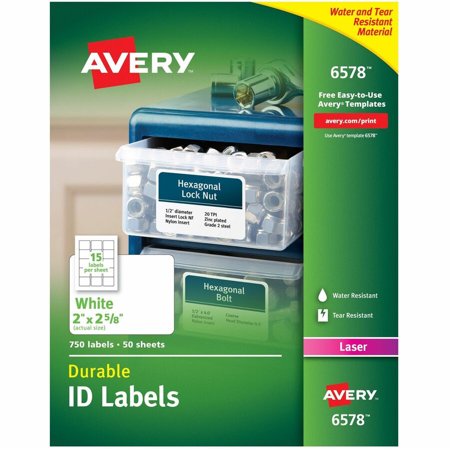 Avery&reg, Permanent Durable ID Laser Labels - Waterproof - 2" Width x 2 5/8" Length - Permanent Adhesive - Rectangle - Laser - Matte - White - Film - Water Resistant - 15 / Sheet - 50 Total Sheets - 750 Total Label(s) - 750 / Pack