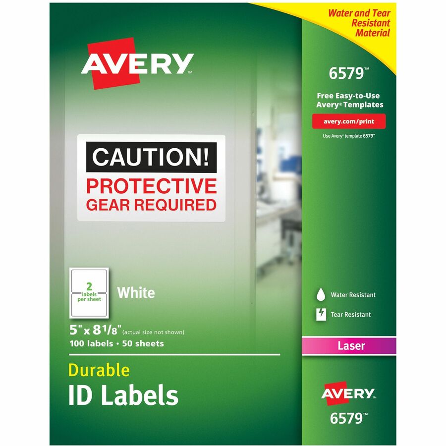 Avery&reg, TrueBlock ID Label - Waterproof - 5" Width x 8 1/8" Length - Permanent Adhesive - Rectangle - Laser - Matte - White - Film - Water Resistant - 2 / Sheet - 50 Total Sheets - 100 Total Label(s) - 100 / Pack