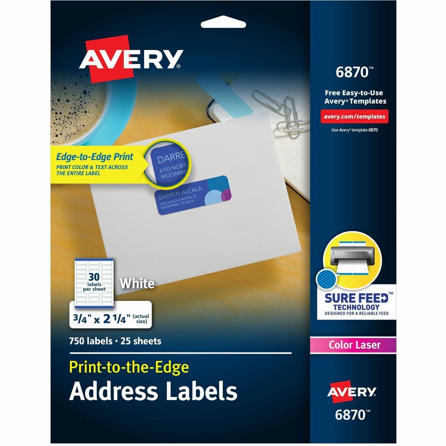 Avery&reg, Print-to-the-Edge Copier Address Labels - 3/4" Width x 2 1/4" Length - Permanent Adhesive - Rectangle - Laser, Inkjet - Matte - White - Paper - 30 / Sheet - 25 Total Sheets - 750 Total Label(s) - 750 / Pack