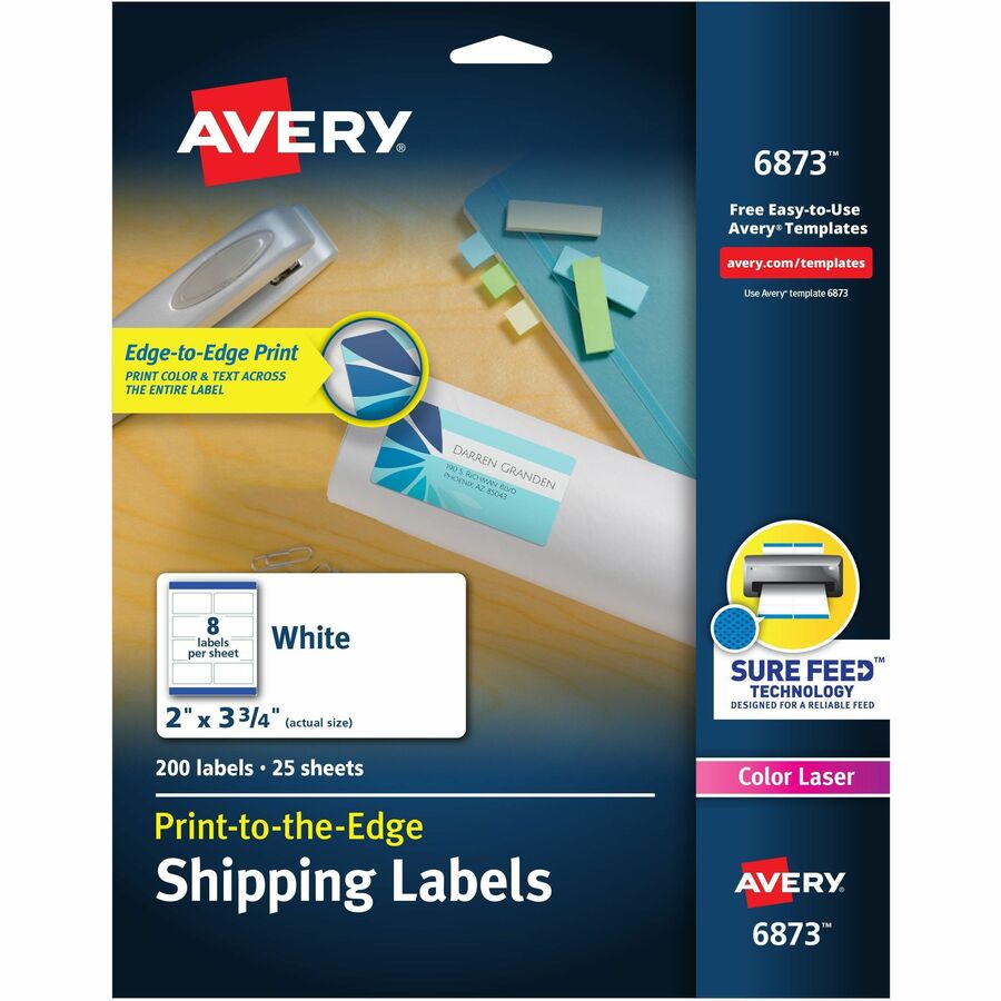 Avery&reg, Shipping Labels, Sure Feed, 2" x 3-3/4" , 200 Labels (6873) - 2" Width x 3 3/4" Length - Permanent Adhesive - Rectangle - Laser, Inkjet - Matte - White - Paper - 8 / Sheet - 25 Total Sheets - 200 Total Label(s) - 200 / Pack