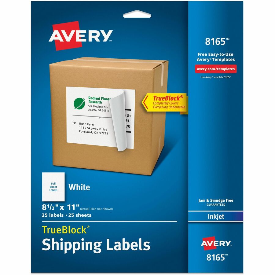 Avery&reg, TrueBlock Shipping Labels, 8-1/2" x 11" , 25 Labels (8165) - x 8 1/2" Width x 11" Length - Full Sheet - Permanent Adhesive - Inkjet - Matte - White - Paper - 1 / Sheet - 25 Total Sheets - 25 Total Label(s) - 25 / Pack