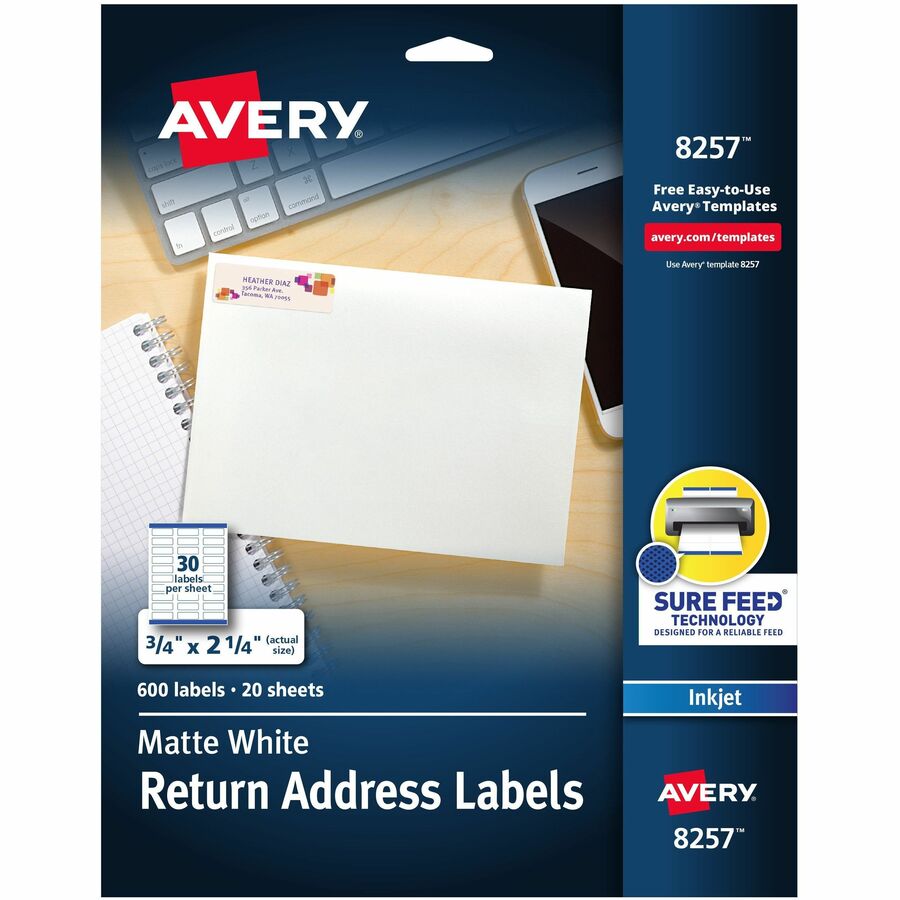 Avery&reg, Sure Feed&reg, White Return Address Labels - 3/4" Width x 2 1/4" Length - Permanent Adhesive - Rectangle - Inkjet - Matte - White - Paper - 30 / Sheet - 20 Total Sheets - 600 Total Label(s) - 600 / Pack