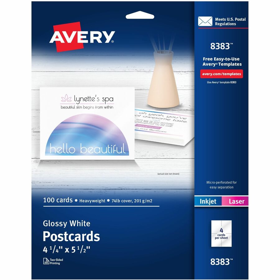 Avery Printable Postcards, 4.25" x 5.5" , Glossy White (8383) - 98 Brightness - 5 1/2" x 4 1/4" - 74 lb Basis Weight - 201 g/m², Grammage - Glossy - Perforated, Heavyweight, Rounded Corner, Double-sided, Recyclable, Printable - White - 25 Sheets...