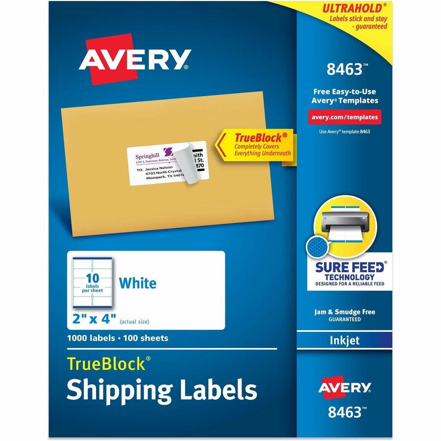 Avery&reg, Shipping Labels, Sure Feed, 2" x 4" 1,000 White Labels (8463) - 2" Width x 4" Length - Permanent Adhesive - Rectangle - Inkjet - Matte - White - Paper - 10 / Sheet - 100 Total Sheets - 1000 Total Label(s) - 1000 / Box
