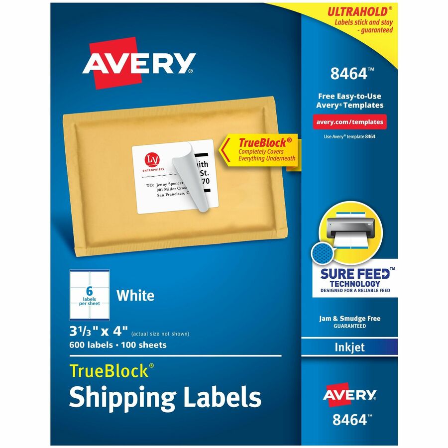 Avery&reg, TrueBlock Shipping Labels - 3 21/64" Width x 4" Length - Permanent Adhesive - Rectangle - Inkjet - Matte - White - Paper - 6 / Sheet - 100 Total Sheets - 600 Total Label(s) - 600 / Box