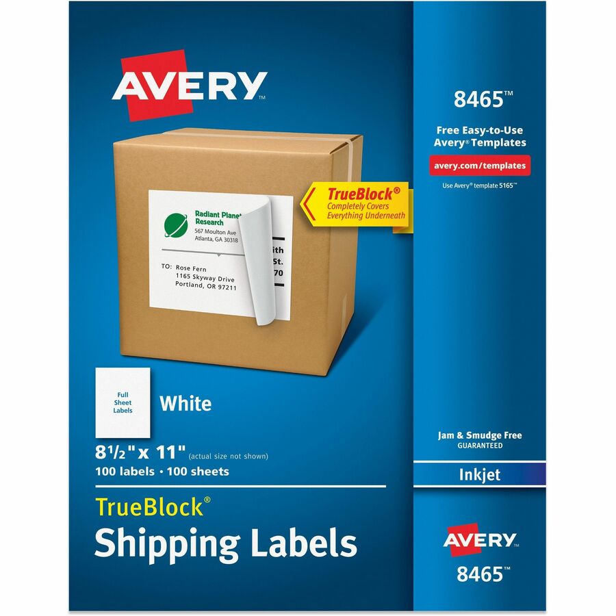 Avery&reg, TrueBlock Shipping Label - x 8 1/2" Width x 11" Length - Full Sheet - Permanent Adhesive - Inkjet - Matte - White - Paper - 1 / Sheet - 100 Total Sheets - 100 Total Label(s) - 100 / Box