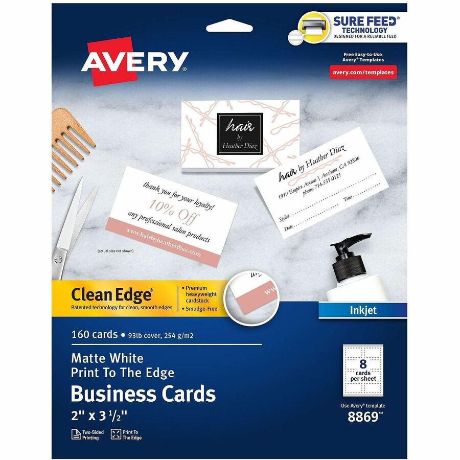 Avery&reg, Clean Edge Business Cards, 2" x 3.5" , White, 160 - 110 Brightness - A4 - 8 1/2" x 11" - 93 lb Basis Weight - 254 g/m², Grammage - Matte - Heavyweight, Rounded Corner, Smooth Edge, Print-to-the-edge, Printable, Avery Clean Edge Technolog...