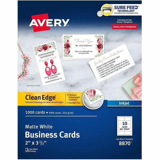 Avery, Clean Edge Business Cards - 110 Brightness - 2" x 3 1/2" - 93 lb Basis Weight - 254 g/m², Grammage - Matte - Heavyweight, Rounded Corner, Smooth Edge, Jam-free, Smudge-free, Avery Clean Edge Technology, Double-sided, Printable - White...