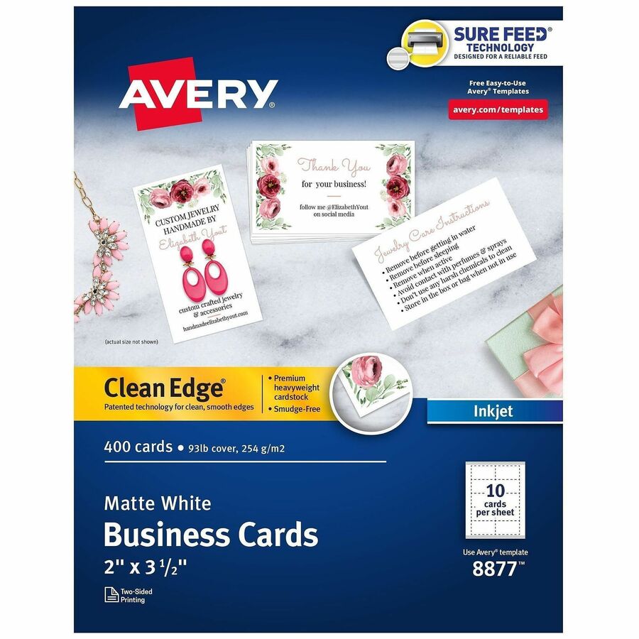 Avery&reg, Clean Edge Business Cards - 110 Brightness - 2" x 3 1/2" - 93 lb Basis Weight - 254 g/m², Grammage - Matte - Heavyweight, Rounded Corner, Smooth Edge, Jam-free, Smudge-free, Double-sided, Avery Clean Edge Technology - White - 40 Sheets...