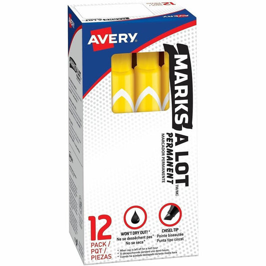 Avery&reg, Marks A Lot Large Desk-Style Permanent Markers - Yellow Ink - Plastic Barrel - 12 / Dozen