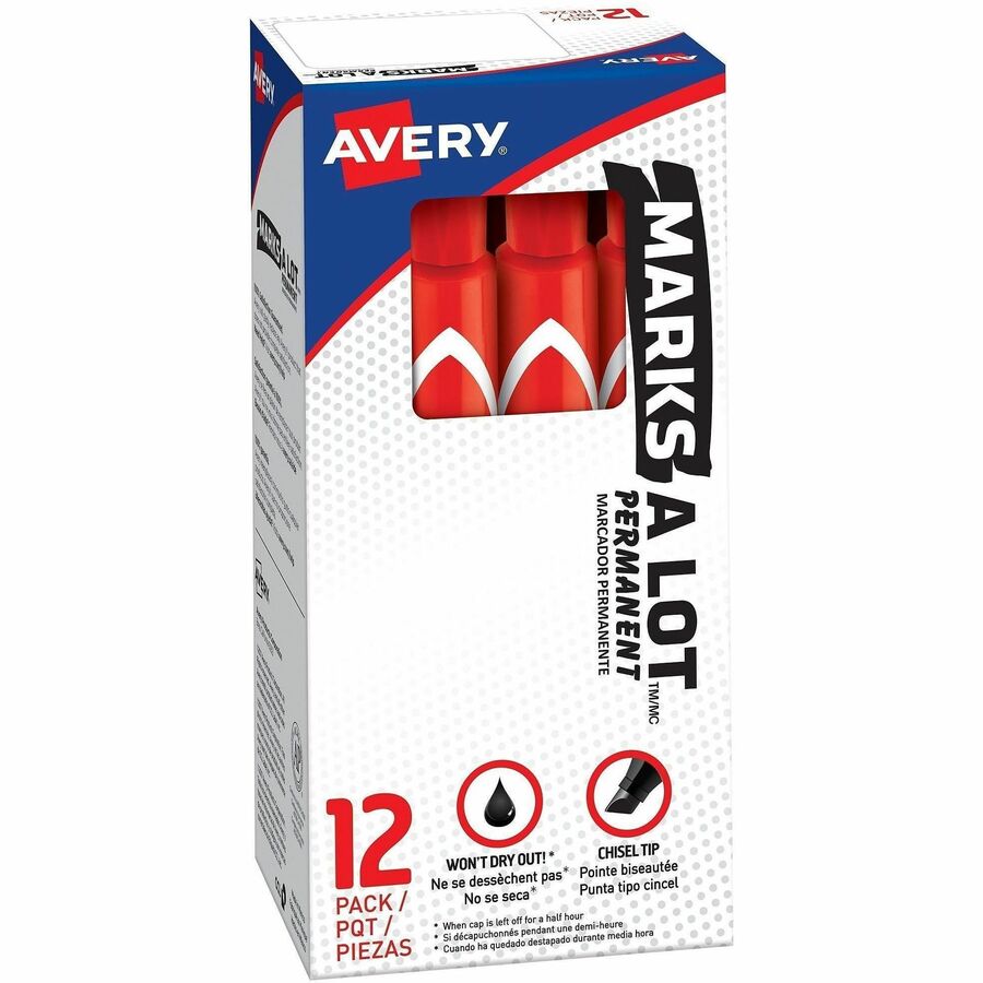 Avery&reg, Marks A Lot Large Desk-Style Permanent Markers - Red Ink - Red Plastic Barrel - 12 / Dozen