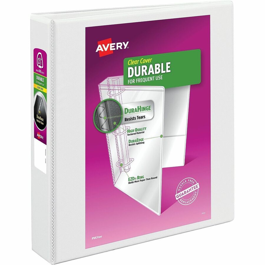 Avery&reg, Durable View Binder - EZD Rings - 1 1/2" Binder Capacity - Letter - 8 1/2" x 11" Sheet Size - 400 Sheet Capacity - 3 Ring - Fastener: D-Ring - Pocket: 2, Internal - Poly - White - Easy Insert Spine, Exposed Rivet, Gap-free Ring, Stacked Pock...