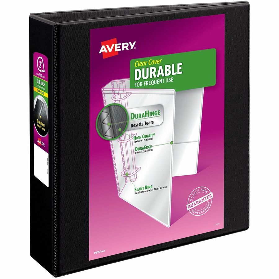 Avery&reg, Durable View Binder - EZD Rings - 2" Binder Capacity - Letter - 8 1/2" x 11" Sheet Size - 540 Sheet Capacity - 3 Ring - Fastener: D-Ring - Pocket: 4, Internal - Poly - Black - Easy Insert Spine, Exposed Rivet, Gap-free Ring, Stacked Pocket...