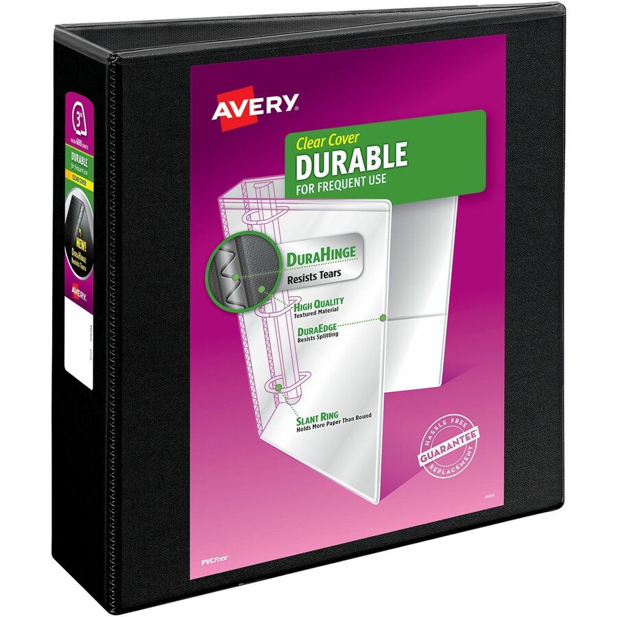 Avery&reg, Durable View Binder - EZD Rings - 3" Binder Capacity - Letter - 8 1/2" x 11" Sheet Size - 670 Sheet Capacity - 3 Ring - Fastener: D-Ring - Pocket: 4, Internal - Poly - Black - Easy Insert Spine, Exposed Rivet, Gap-free Ring, Stacked Pocket...