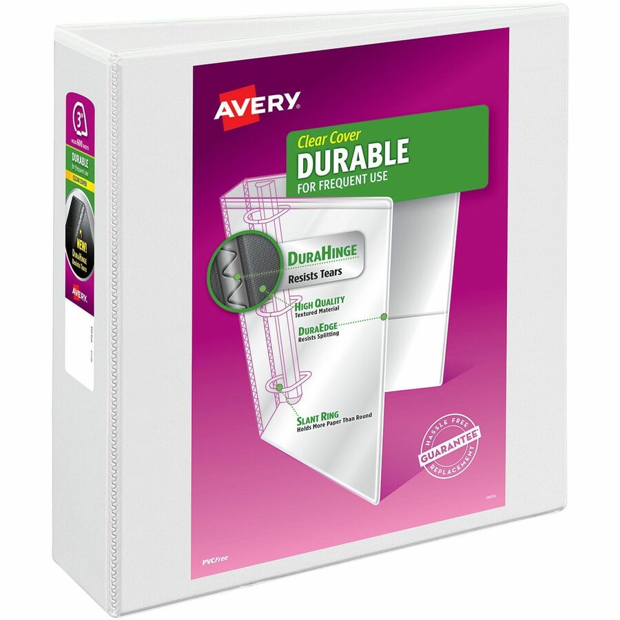 Avery&reg, Durable View Binder - EZD Rings - 3" Binder Capacity - Letter - 8 1/2" x 11" Sheet Size - 670 Sheet Capacity - 3 Ring - Fastener: D-Ring - Pocket: 4, Internal - Poly - White - Easy Insert Spine, Exposed Rivet, Gap-free Ring, Stacked Pocket...