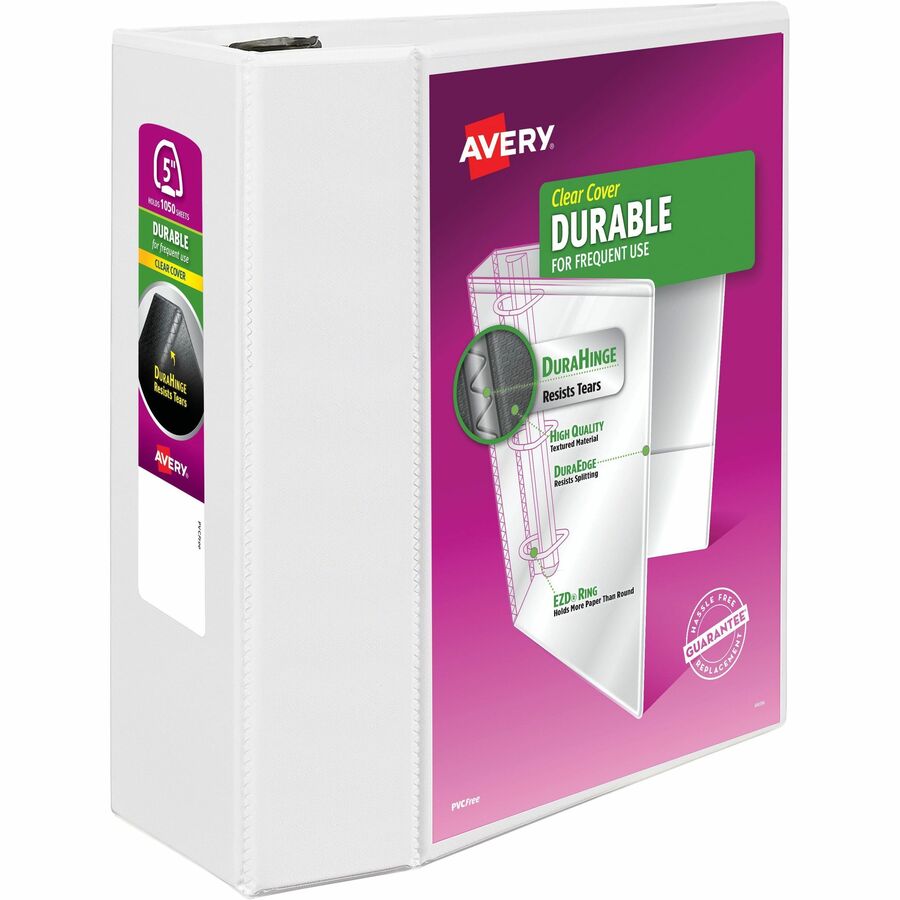 Avery&reg, Durable View Binder - EZD Rings - 5" Binder Capacity - Letter - 8 1/2" x 11" Sheet Size - 1050 Sheet Capacity - 3 Ring - Fastener: D-Ring - Pocket: 4, Internal - Poly - White - Exposed Rivet, Gap-free Ring, One Touch Ring, Stacked Pocket - 1...
