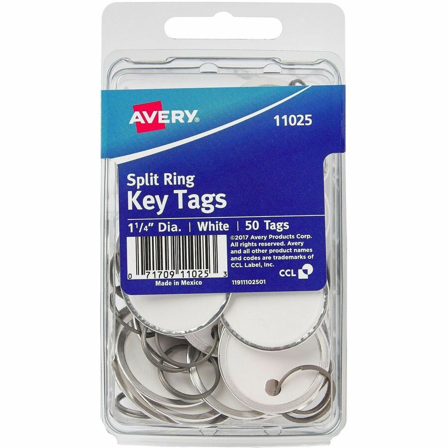 Avery&reg, 1-1/4" Metal Rim Key Tags, Split Ring, White, 50 Tags (11025) - Round - Metal, Card Stock - White - 50 / Pack