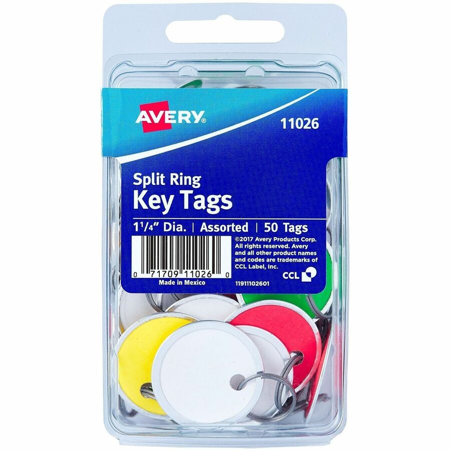 Avery&reg, 1-1/4" Key Tags, Split Ring, Assorted Colors, 50 Tags (11026) - Round - Metal, Card Stock - Assorted - 50 / Pack