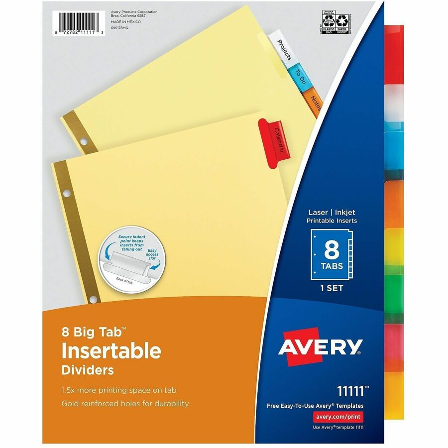 Avery&reg, Big Tab Insertable Dividers - Reinforced Gold Edge - 8 Blank Tab(s) - 8 Tab(s)/Set - 8.5" Divider Width x 11" Divider Length - Letter - 3 Hole Punched - Buff Paper Divider - Multicolor Tab(s) - 30% Recycled - Double Gold Reinforced Edges - 8...