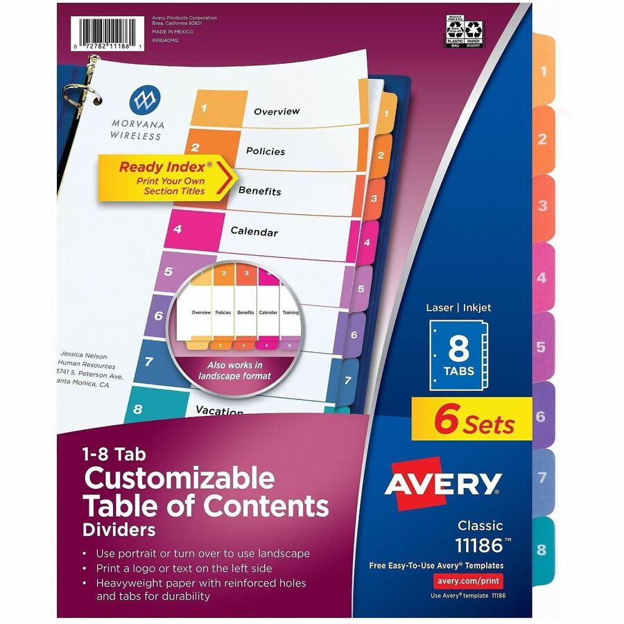 Avery Ready Index 8 Tab Dividers, Customizable TOC, 6 Sets (11186) - 48 x Divider(s) - 48 Tab(s) - Digit - 1-8 - 8 Tab(s)/Set - 8.5" Divider Width x 11" Divider Length - 3 Hole Punched - White Paper Divider - Multicolor Paper Tab(s) - 20% Recycled - Ho...