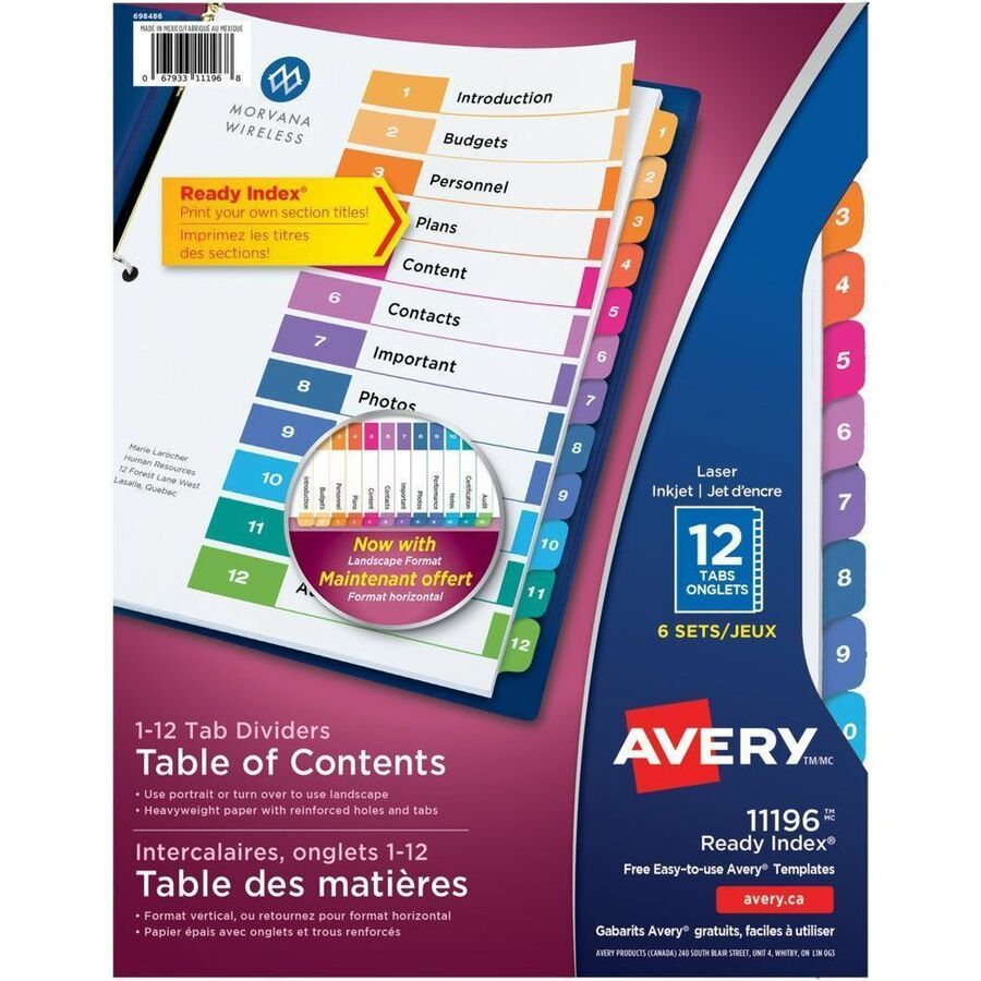 Avery Ready Index Table of Content Dividers - 72 x Divider(s) - 12 Printed Tab(s) - Digit - 1-12 - 12 Tab(s)/Set - 8.5" Divider Width x 11" Divider Length - 3 Hole Punched - White Paper Divider - Multicolor Paper Tab(s) - 20% Recycled - Pre-printed, Ho...