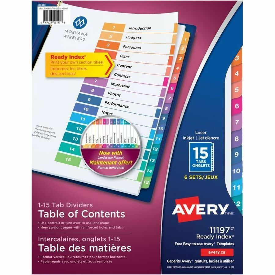 Avery Ready Index Table of Contents Dividers - 90 x Divider(s) - 90 Printed Tab(s) - Digit - 1-15 - 15 Tab(s)/Set - 8.5" Divider Width x 11" Divider Length - 3 Hole Punched - White Paper Divider - Multicolor Paper Tab(s) - Pre-printed, Hole-punched, Cu...