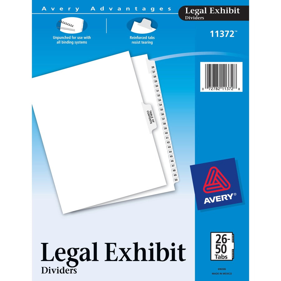 Avery&reg, Premium Collated Legal Exhibit Dividers with Table of Contents Tab - Avery Style - 26 x Divider(s) - Printed Tab(s) - Digit - 26-50 - 26 Tab(s)/Set - 8.5" Divider Width x 11" Divider Length - Letter - White Paper Divider - White Tab(s) - 20%...