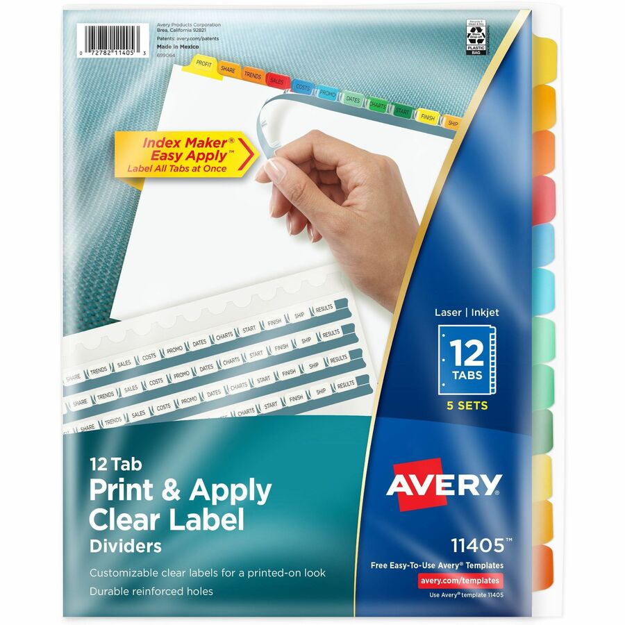 Avery&reg, Index Maker Index Divider - 60 x Divider(s) - 12 Tab(s) - 12 - 12 Tab(s)/Set - 8.5" Divider Width x 11" Divider Length - 3 Hole Punched - White Paper Divider - Multicolor Paper Tab(s) - 20% - Double-sided, Durable, Reinforced Tab, Reinforced...