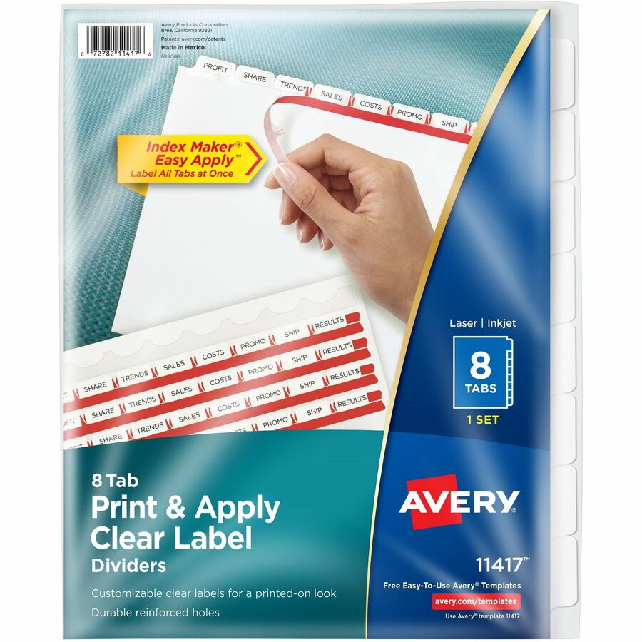 Avery&reg, Index Maker Index Divider - 8 x Divider(s) - 8 Tab(s) - 8 - 8 Tab(s)/Set - 8.5" Divider Width x 11" Divider Length - A4 - 8.50" Width x 11" Length - 3 Hole Punched - White Paper Divider - White Paper Tab(s) - 20% - Double-sided, Durable, Rei...