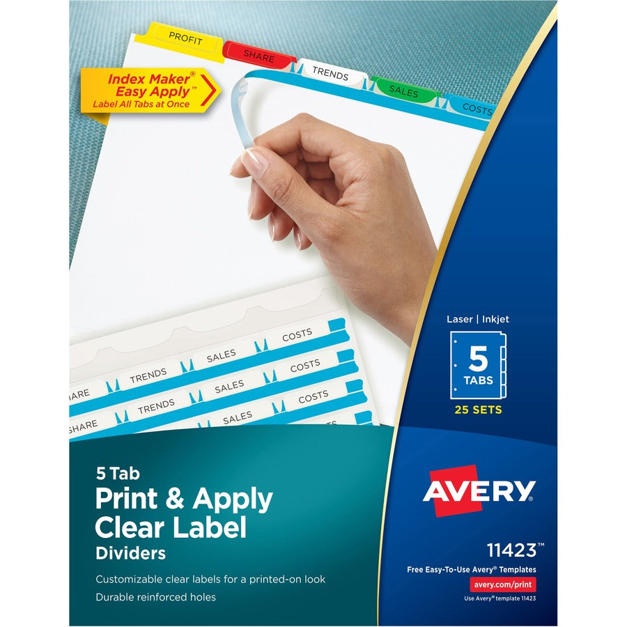 Avery&reg, Index Maker Index Divider - 125 x Divider(s) - 5 - 5 Tab(s)/Set - 8.5" Divider Width x 11" Divider Length - 3 Hole Punched - White Paper Divider - Multicolor Paper Tab(s) - 1 Box