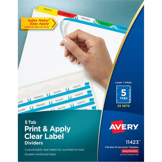 Avery, Index Maker Index Divider - 125 x Divider(s) - 5 - 5 Tab(s)/Set - 8.5" Divider Width x 11" Divider Length - 3 Hole Punched - White Paper Divider - Multicolor Paper Tab(s) - 1 Box