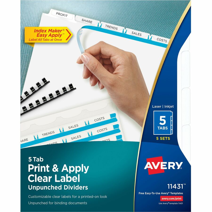 Avery&reg, Print & Apply Label Unpunched Dividers - Index Maker Easy Apply Label Strip - 25 x Divider(s) - 5 Blank Tab(s) - 5 Tab(s)/Set - 8.5" Divider Width x 11" Divider Length - Letter - White Paper Divider - White Tab(s) - 0% - Unpunched, Reinforce...