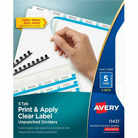Avery, Print & Apply Label Unpunched Dividers - Index Maker Easy Apply Label Strip - 25 x Divider(s) - 5 Blank Tab(s) - 5 Tab(s)/Set - 8.5" Divider Width x 11" Divider Length - Letter - White Paper Divider - White Tab(s) - 0% - Unpunched, Reinforce...