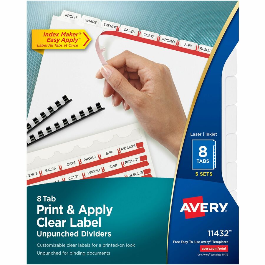 Avery&reg, Print & Apply Label Unpunched Dividers - Index Maker Easy Apply Label Strip - 40 x Divider(s) - 8 Blank Tab(s) - 8 Tab(s)/Set - 8.5" Divider Width x 11" Divider Length - Letter - White Paper Divider - White Tab(s) - 20% Recycled - Unpunched...