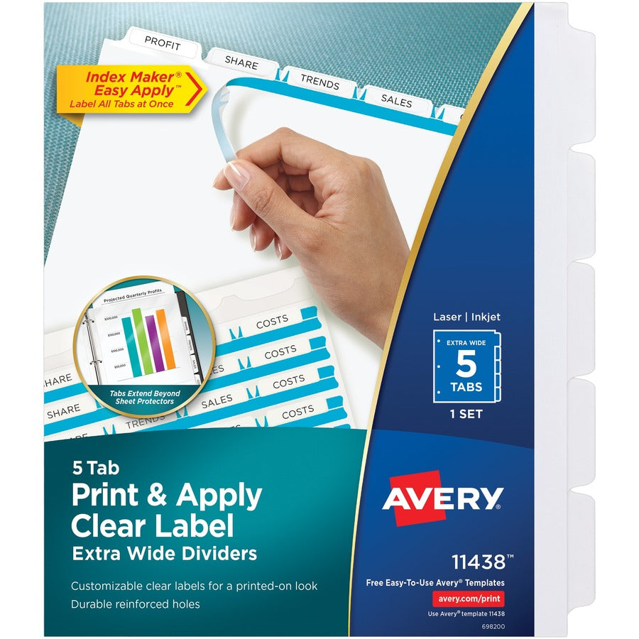 Avery&reg, Index Maker Index Divider - 5 x Divider(s) - 5 - 5 Tab(s)/Set - 9.3" Divider Width x 11.25" Divider Length - 3 Hole Punched - White Paper Divider - White Paper Tab(s) - 0% - Reinforced Tab, Hole-punched, Printable, Customizable, Durable, Ext...