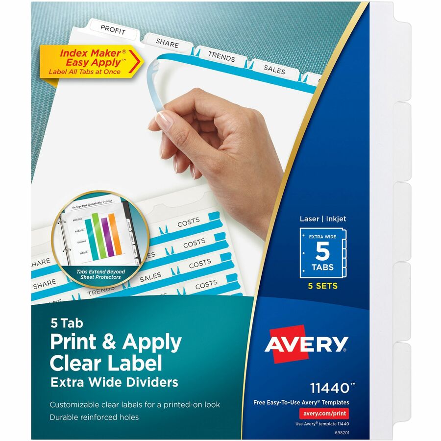 Avery&reg, Index Maker Index Divider - 25 x Divider(s) - Print-on Tab(s) - 5 - 5 Tab(s)/Set - 9.3" Divider Width x 11.25" Divider Length - 3 Hole Punched - White Paper Divider - White Paper Tab(s) - Hole-punched, Printable, Extra Wide Divider, Double-s...