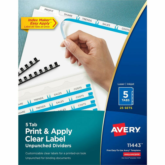Avery, Print & Apply Label Unpunched Dividers - Index Maker Easy Apply Label Strip - 125 x Divider(s) - 5 Blank Tab(s) - 5 Tab(s)/Set - 8.5" Divider Width x 11" Divider Length - Letter - White Paper Divider - White Tab(s) - 0% - Unpunched, Reinforc...