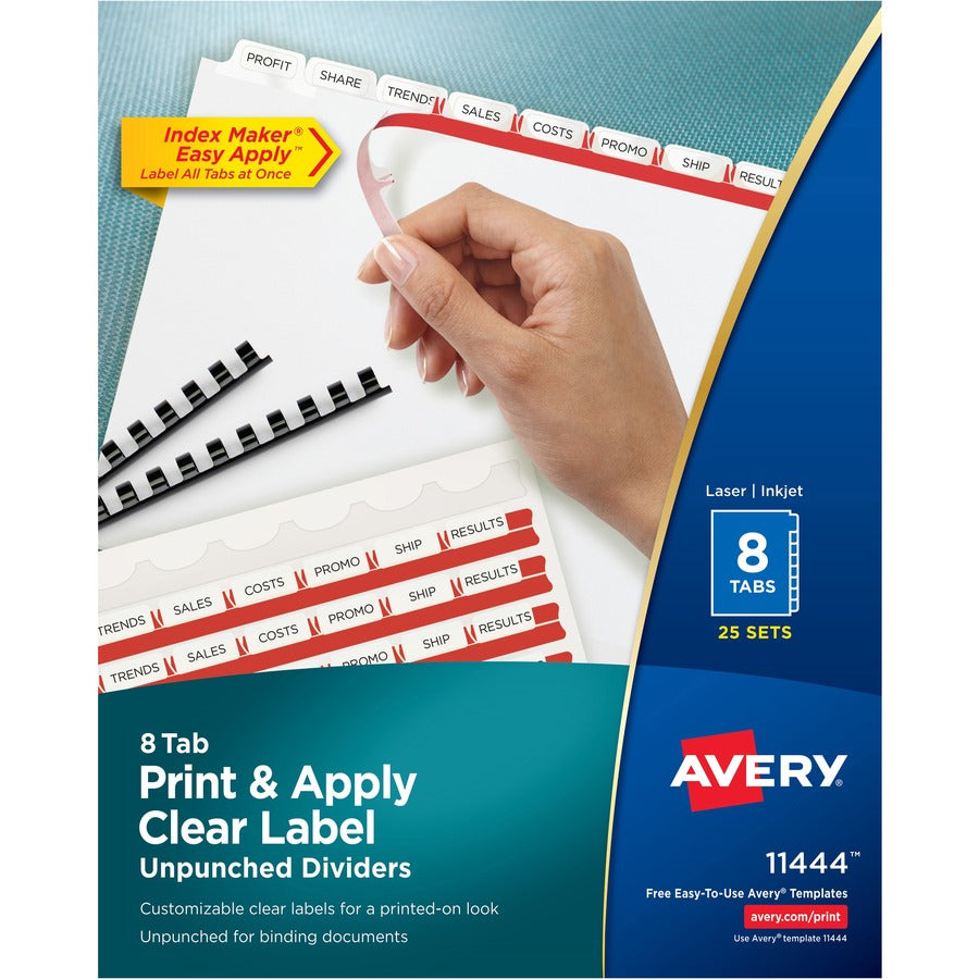 Avery&reg, Print & Apply Label Unpunched Dividers - Index Maker Easy Apply Label Strip - 200 x Divider(s) - 8 Blank Tab(s) - 8 Tab(s)/Set - 8.5" Divider Width x 11" Divider Length - Letter - White Paper Divider - White Tab(s) - 0% - Unpunched, Reinforc...