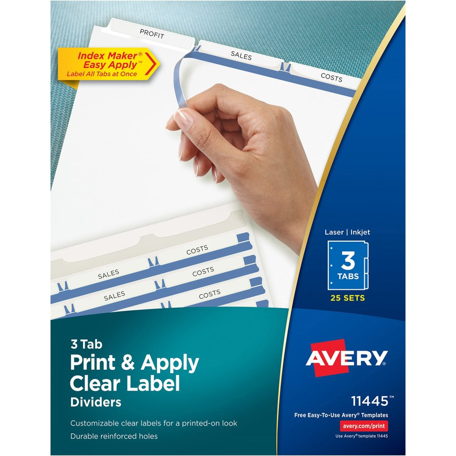 Avery&reg, Print & Apply Clear Label Dividers - Index Maker Easy Apply Label Strip - 75 x Divider(s) - 3 Blank Tab(s) - 3 Tab(s)/Set - 8.5" Divider Width x 11" Divider Length - Letter - 3 Hole Punched - White Paper Divider - White Tab(s) - 0% - Tear Re...