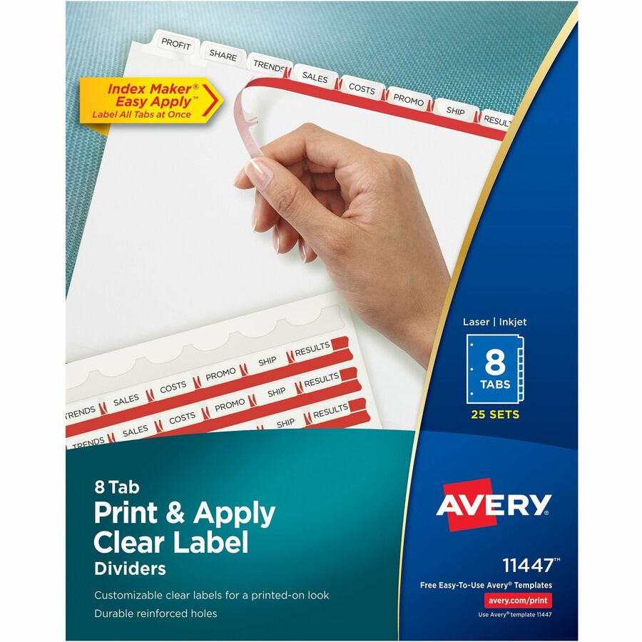 Avery&reg, Print & Apply Clear Label Dividers - Index Maker Easy Apply Label Strip - 200 x Divider(s) - 8 Blank Tab(s) - 8 Tab(s)/Set - 8.5" Divider Width x 11" Divider Length - Letter - 3 Hole Punched - White Paper Divider - White Tab(s) - 0% - Punche...