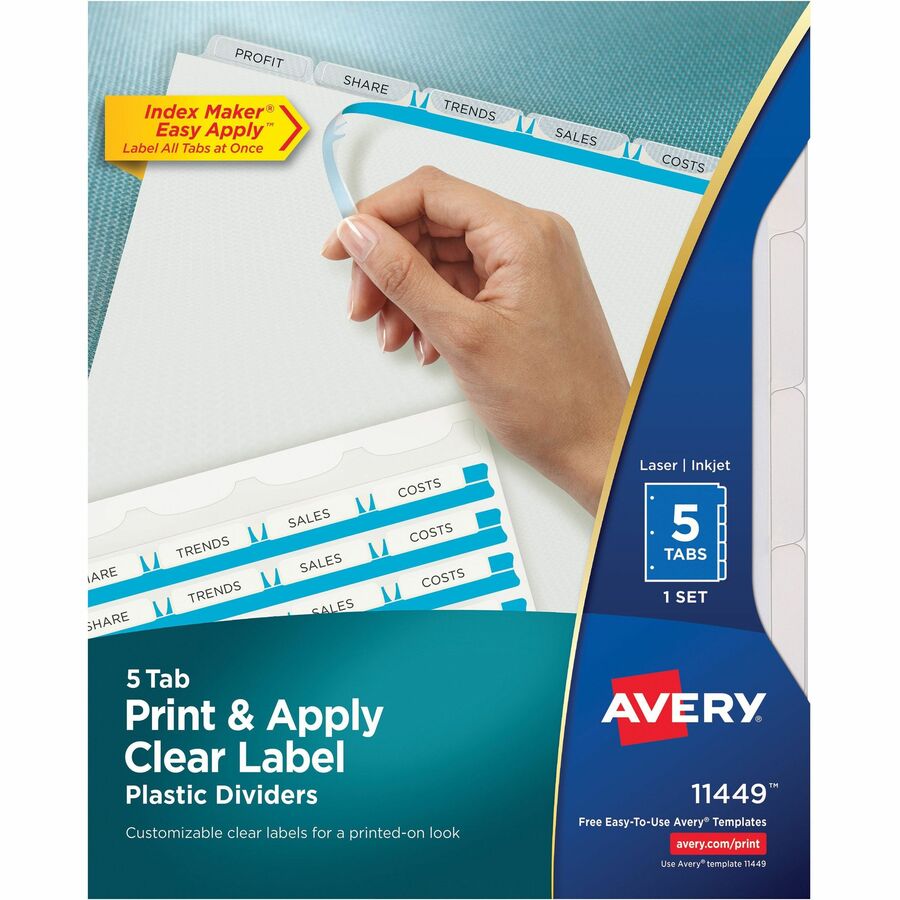 Avery&reg, Index Maker Clear Label Dividers - 5 x Divider(s) - 5 - 5 Tab(s)/Set - 8.5" Divider Width x 11" Divider Length - 3 Hole Punched - Clear Plastic Divider - Frosted Clear Plastic Tab(s) - Durable, Tear Resistant, Hole-punched, Printable, Custom...