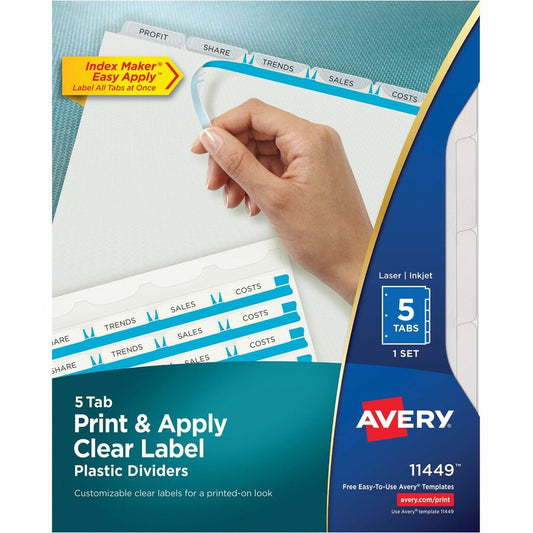 Avery, Index Maker Clear Label Dividers - 5 x Divider(s) - 5 - 5 Tab(s)/Set - 8.5" Divider Width x 11" Divider Length - 3 Hole Punched - Clear Plastic Divider - Frosted Clear Plastic Tab(s) - Durable, Tear Resistant, Hole-punched, Printable, Custom...