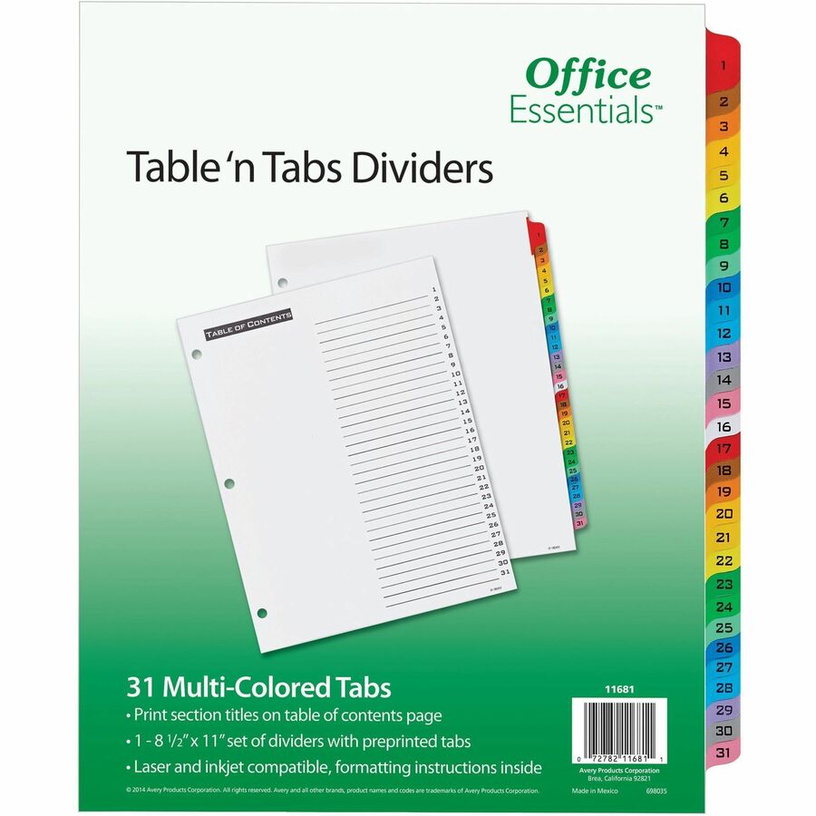 Avery&reg, Table 'N Tabs Daily Dividers - 31 x Divider(s) - 1-31 - 31 Tab(s)/Set - 8.5" Divider Width x 11" Divider Length - 3 Hole Punched - White Paper Divider - Multicolor Paper Tab(s) - 1 Set