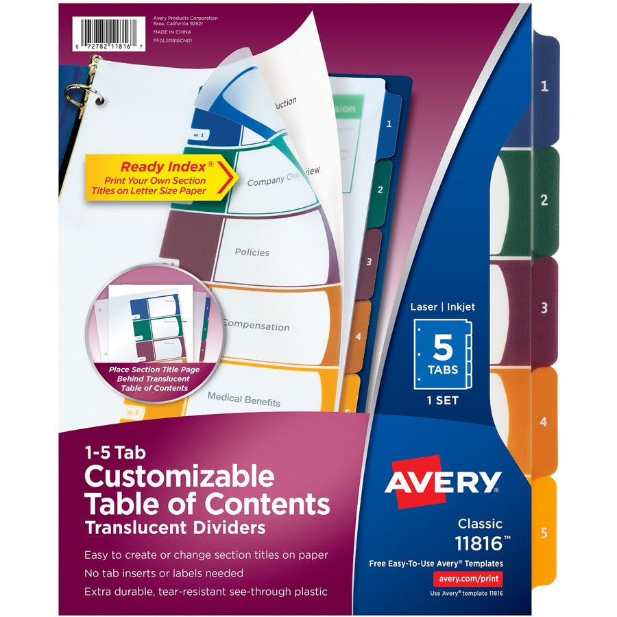 Avery&reg, Ready Index Customizable TOC Binder Dividers - 5 x Divider(s) - 1-5 - 5 Tab(s)/Set - 8.5" Divider Width x 11" Divider Length - 3 Hole Punched - Clear Plastic Divider - Multicolor Plastic Tab(s) - 1 Set