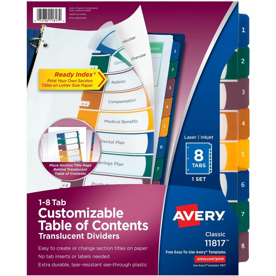 Avery&reg, Ready Index Customizable TOC Binder Dividers - 8 x Divider(s) - 8 Tab(s) - 1-8 - 8 Tab(s)/Set - 8.5" Divider Width x 11" Divider Length - 3 Hole Punched - Clear Plastic Divider - Multicolor Plastic Tab(s) - 1 Set