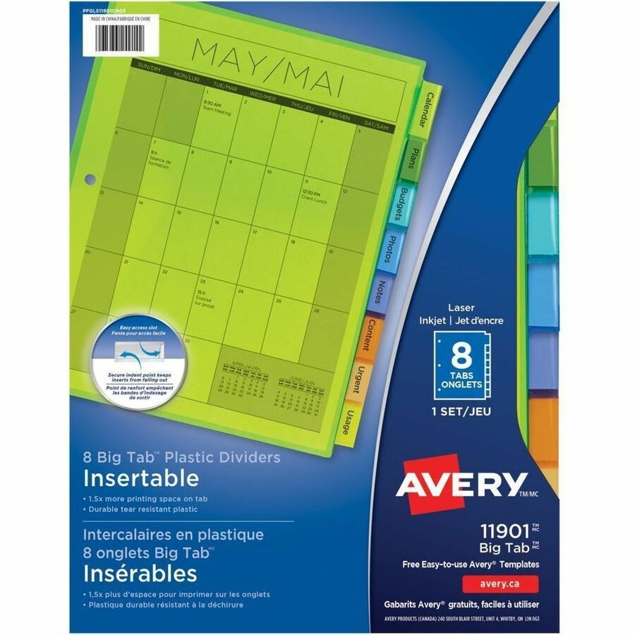 Avery Big Tab Insertable Plastic Dividers - 8 x Divider(s) - 8 Tab(s) - 8 - 8 Tab(s)/Set - 9.3" Divider Width x 11.12" Divider Length - 3 Hole Punched - Translucent Plastic Divider - Multicolor Plastic Tab(s) - Durable, Insertable Tab, Translucent, PVC...