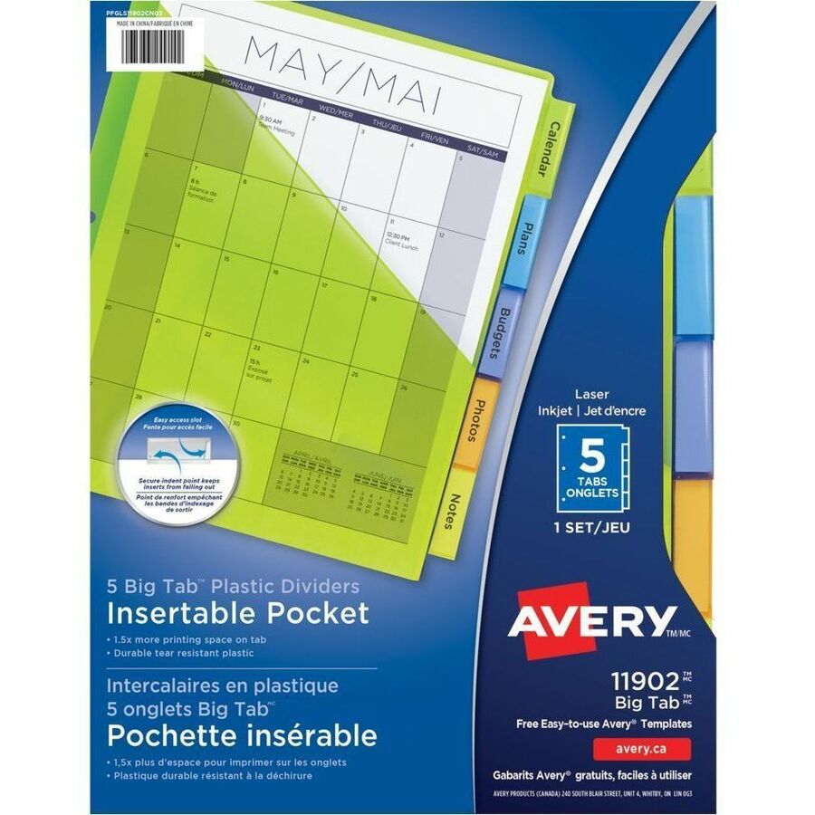 Avery Big Tab Insertable Plastic Dividers with Pockets - 5 x Divider(s) - 5 Tab(s) - 5 - 5 Tab(s)/Set - 9.3" Divider Width x 11.12" Divider Length - 3 Hole Punched - Translucent Plastic, Multicolor Divider - Multicolor Plastic Tab(s) - Durable, Inserta...