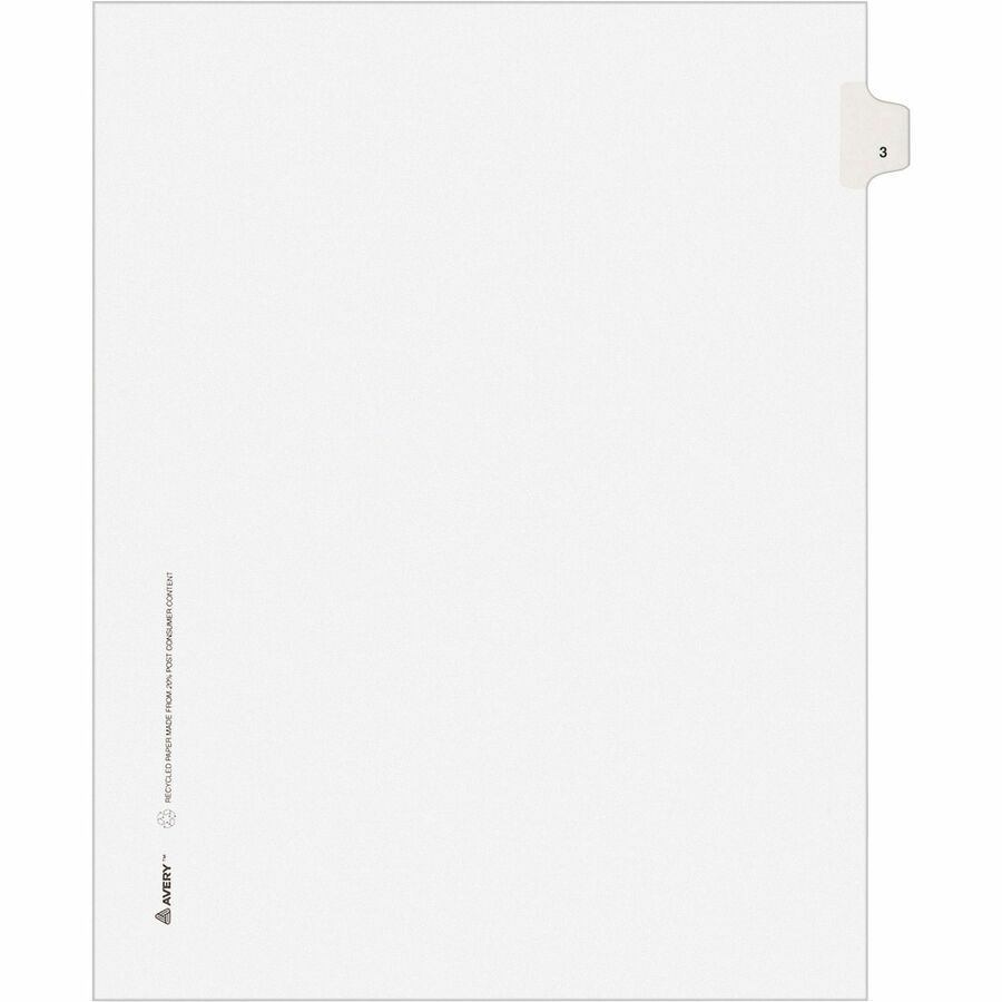 Avery&reg, Individual Legal Exhibit Dividers - Avery Style - Unpunched - 25 x Divider(s) - 25 Printed Tab(s) - Digit - 3 - 1 Tab(s)/Set - 8.5" Divider Width x 11" Divider Length - Letter - White Paper Divider - White Tab(s) - 20% - Reinforced Tab, Rip...