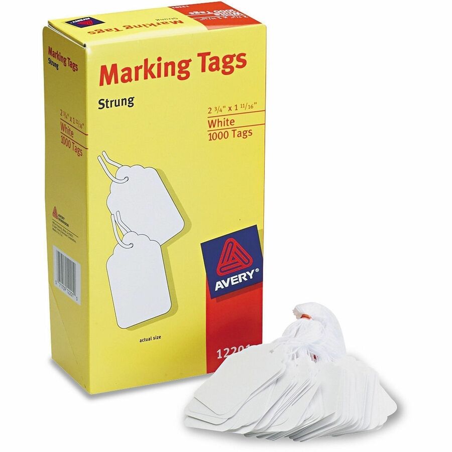 Avery&reg, Marking Tags, Strung, 2-3/4" x 1-11/16" , 1,000 Tags (12201) - 2.75" Length x 1.69" Width - Rectangular - Twine Fastener - Cotton, Polyester - White - 1000 / Box