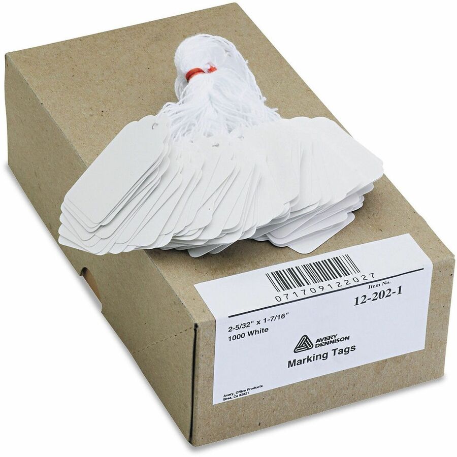 Avery&reg, Marking Tags, String, 2-5/32" x 1-7/16" , 1,000 Tags (12202) - 2.16" Length x 1.44" Width - Rectangular - Twine Fastener - Cotton, Polyester, Card Stock - White - 1000 / Box